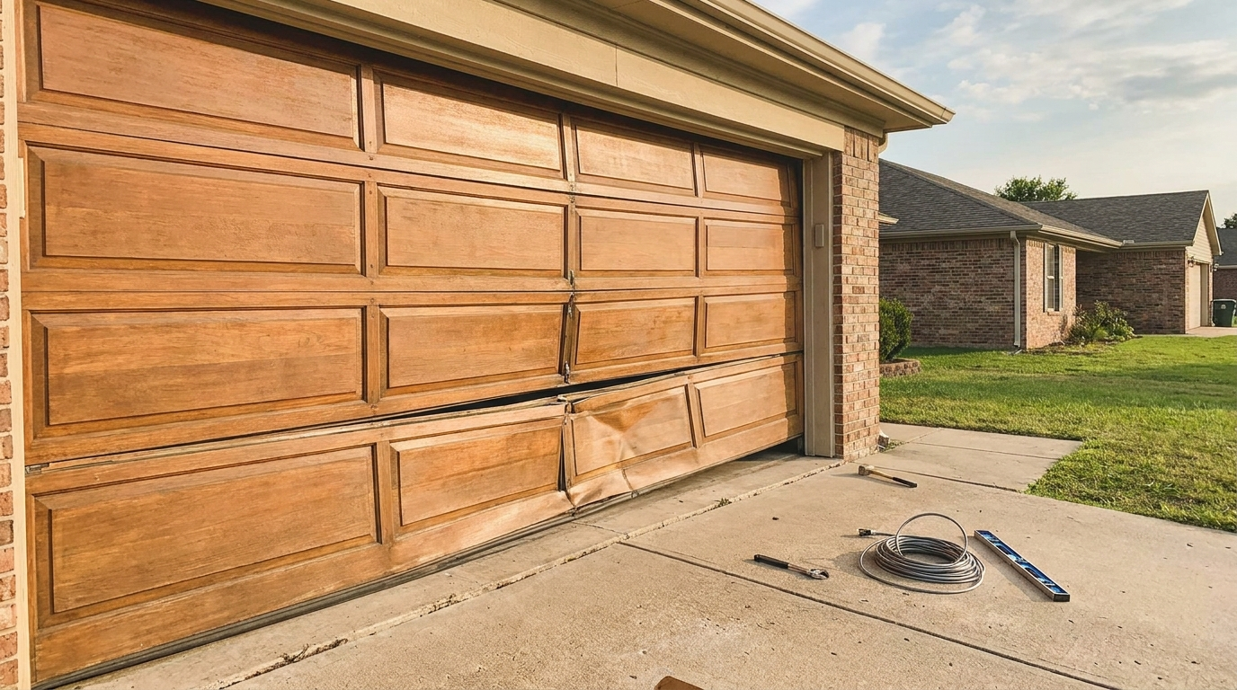 Broken garage door showing damage panels and alignment issues preventing closure
